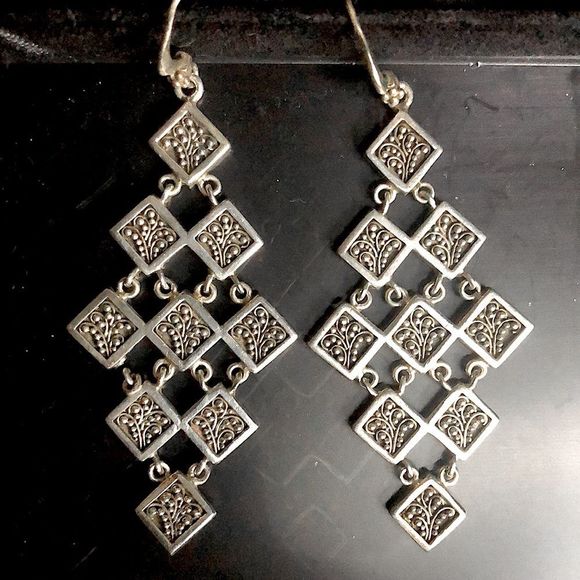 LOIS HILL Sterling Silver Oxidized Granulated Drop Dangle Chandelier Earrings - Picture 6 of 9